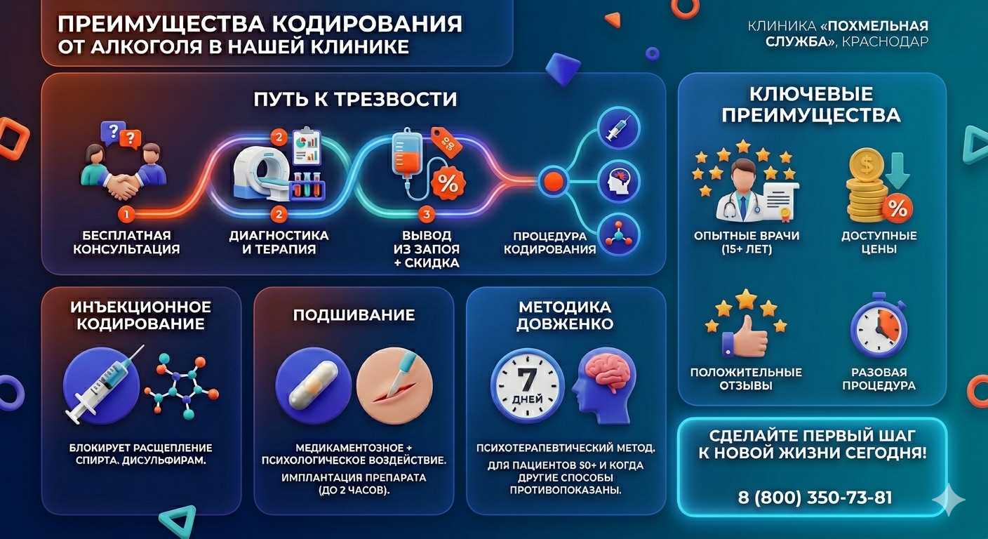Инфографика о методах кодирования от алкоголя в Онеге: инъекции, подшивание, метод Довженко. Преимущества клиники и этапы лечения.
